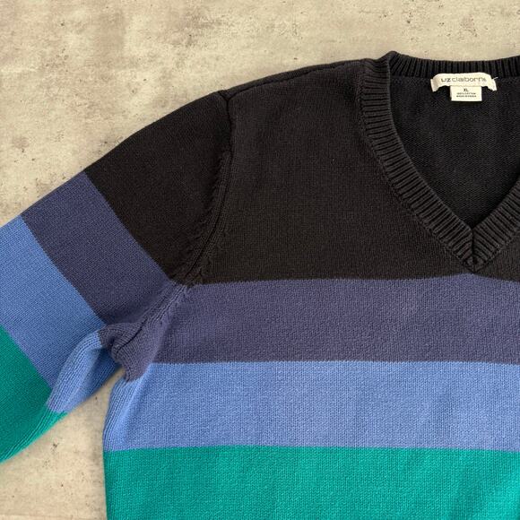 Liz Claiborne striped knit v-neck sweater 100% cotton blue and green size XL - Picture 5 of 7